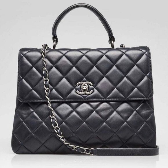 Chanel Navy Blue Quilted Lambskin Leather Large Trendy Bag - Picture 1 of 11